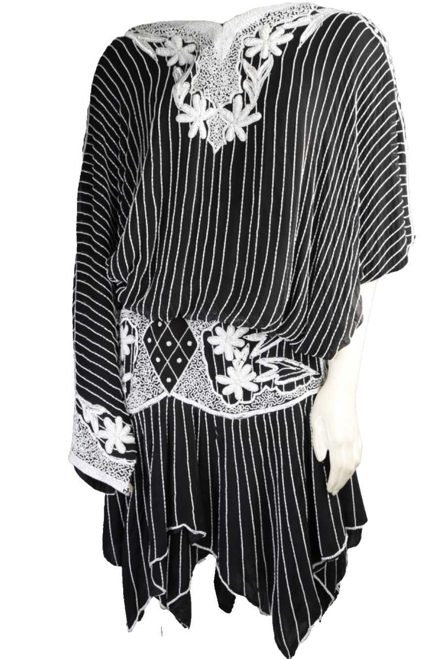 Vintage Judith Ann Creations Dress M Black Silk Beaded Sequin Kaftan Flapper